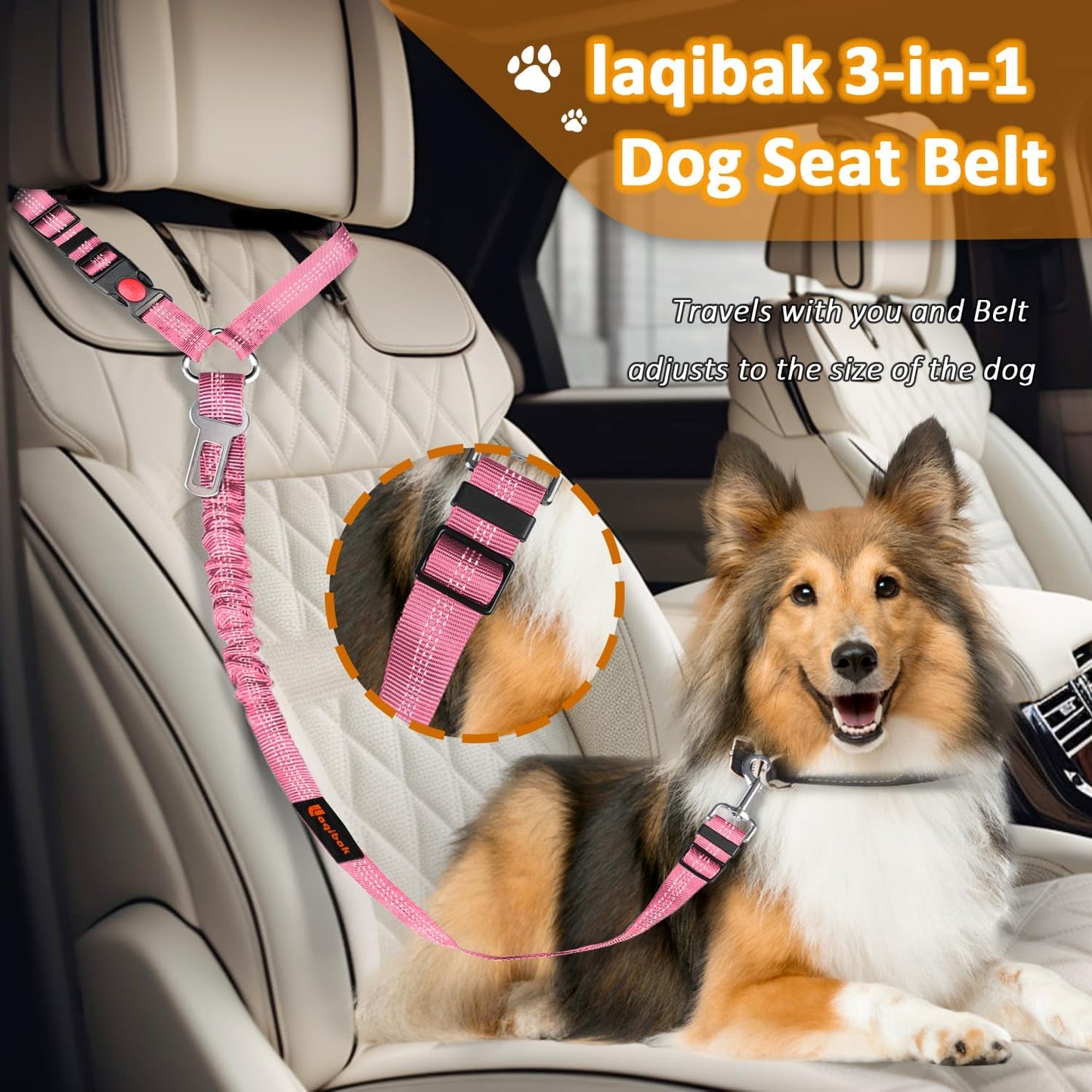 Removable Dog Seat Belt Harness for Car, 3 in 1 Pet Dog Car Seatbelt Leash, Retractable Restraint Secures to Vehicle Headrest & Adjustable Reflective Bungee Dog Seatbelt Tether, Pink and Black