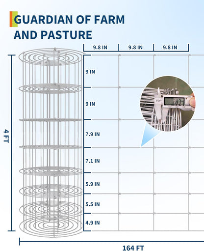 9GA Thickened Heavy Duty Cattle Farm Fence, 4ft x 164ft Galvanized Goat Deer Fence, Heavy Zinc Coating Hog Wire Fencing for Farm Livestock Animals Protection
