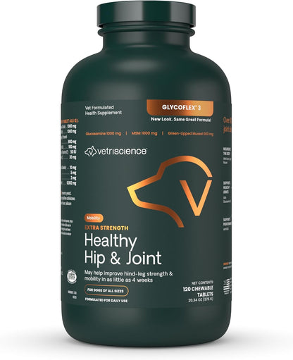 VetriScience Glycoflex 3 Clinically Proven Hip and Joint Supplement for Dogs - Maximum Strength Dog Supplement with Glucosamine, MSM, Green Lipped Mussel & DMG - 120 Chewable Tablets, Chicken Flavor