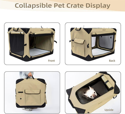 Pettycare 26 Inch Collapsible Dog Crate with Curtains Travel Dog Crate for Airflow and Calm Soft Pet Kennel with Portable Bag and More Chew Proof Mesh Indoor & Outdoor Beige 4 Door Curtains