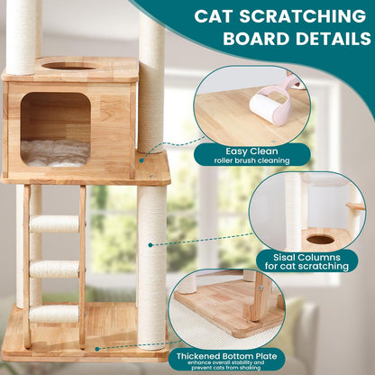 65-inch Tall Cat Tree，Cat Tower for Indoor Cats with Feel-Safe Enclosed Cat Cave、Scratching Post、Space Capsule Nest and Cat Ladder