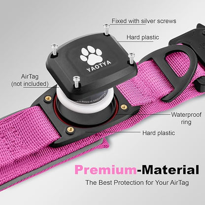 2026 Upgrade Dog Collar with IPX8 Waterproof AirTag Holder,Military Tactical Comfortable Control Handle and Ultra-Durable Metal Buckle/Night Reflective,GPS Collar for Medium to Large Dogs（Pink/M）