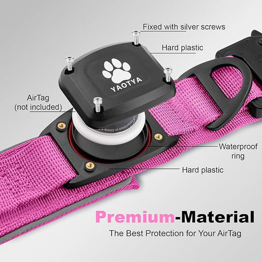 2026 Upgrade Dog Collar with IPX8 Waterproof AirTag Holder,Military Tactical Comfortable Control Handle and Ultra-Durable Metal Buckle/Night Reflective,GPS Collar for Medium to Large Dogs（Pink/L）