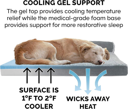 Furhaven Cooling Gel Dog Bed for Large Dogs w/ Removable Bolsters & Washable Cover, For Dogs Up to 125 lbs - Two-Tone Plush Faux Fur & Suede L Shaped Chaise - Stone Gray, Jumbo Plus/XXL