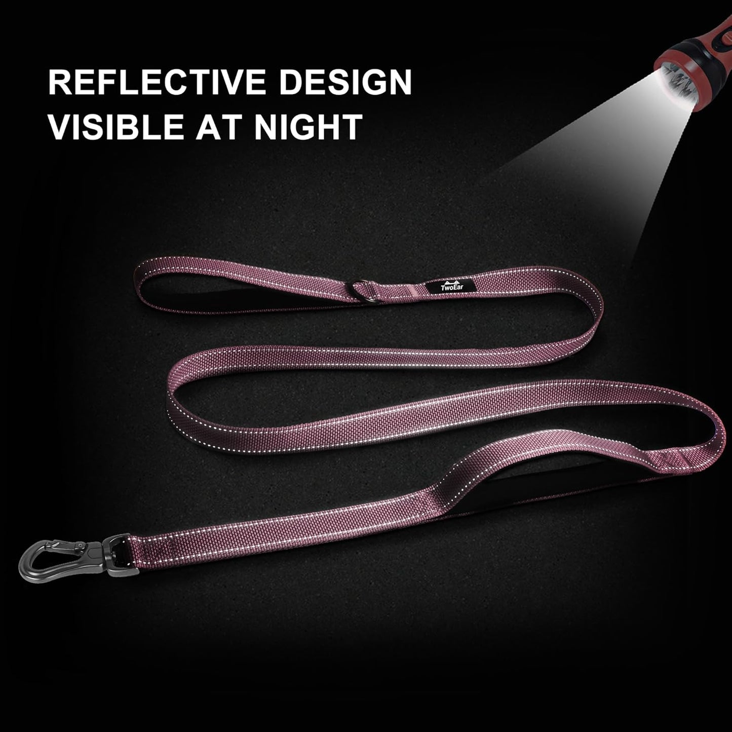 TwoEar 6FT 1IN Strong Pink Dog Leash with 2 Padded Handles, Traffic Handle Extra Control, Comfortable Soft Dual Handle, Auto Lock Hook, Reflective Walking Lead for Small Medium and Large Dogs