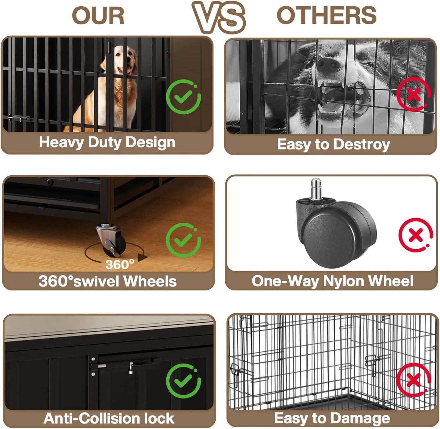 LEMBERI 48/42 inch Heavy Duty Indestructible Dog Crate, High Anxiety Extra Large Dog Cage for Large Dogs, XL Steel Escape Proof Dog Kennel with Wheels and Removable Tray