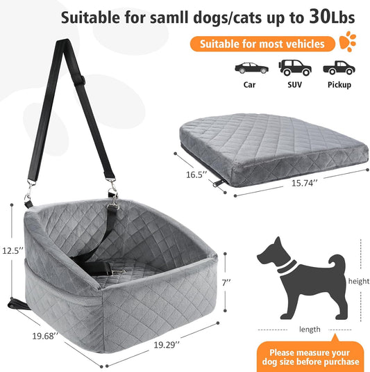 Dog Car Seat for Small Dogs,Detachable Washable Dog Booster Seat for Medium Dogs Under 30lbs, Pet Car Seat Travel Bed with Storage Pockets and Dog Safety Belt (Grey) - Pawvie
