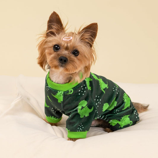 Fitwarm Dinosaur Dog Fleece Pajamas, Warm Clothes for Small Dogs Boy, Cozy Pet Onesie with Feet, Dark Green, Bright Green, Small