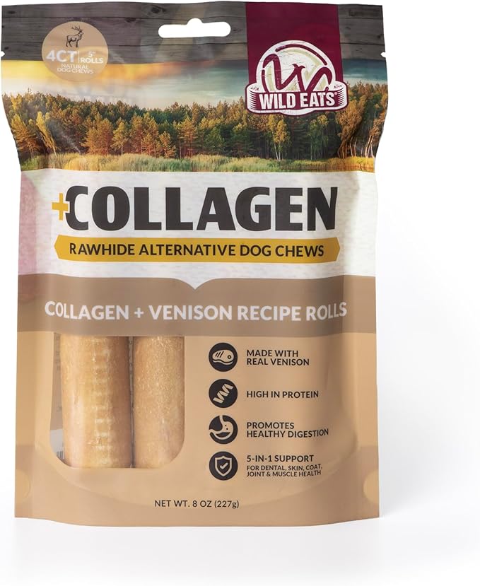 Wild Eats Venison Flavor Collagen Retriever Style Cheek Rolls 5" Dog Chews-4 Pack (Long Lasting Dog Chews Treats & Bones for Medium Dogs) Substitute for Pig Ears for Dogs