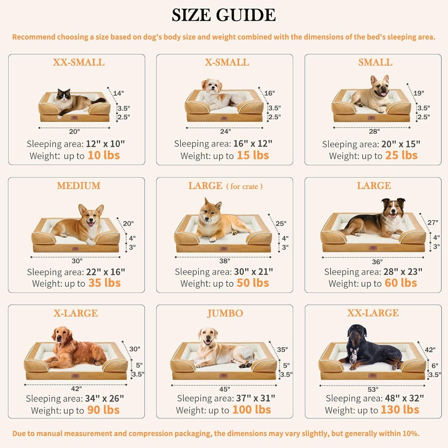 Comfort Expression Large Dog Beds Waterproof Orthopedic Foam Dog Sofa Beds Comfy Pet Bed with Washable Removable Cover & Non-Slip Bottom(Large,Khaki)