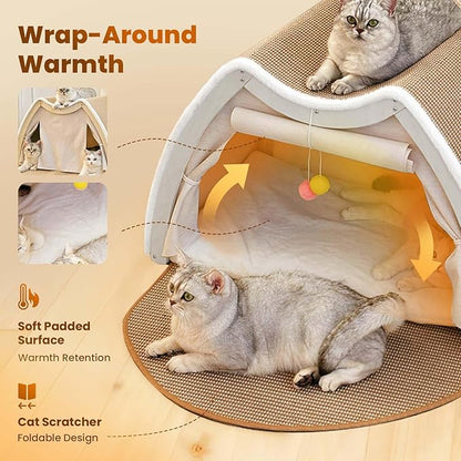 Cat Houses for Indoor Cats - 4 Seasons Cat Bed Cave with Natural Sisal Cat Scratcher Mat, Solid Wood Frame Cat House with Curtains and Cat Floor Scratching Pad Rug, Protect Couch and Carpets, M