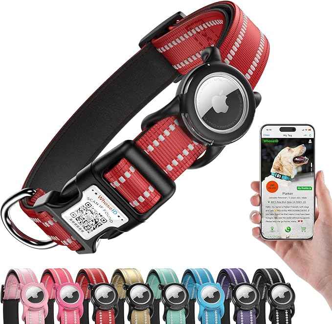 Dog Collar with QR Code, Reflective Dog Collar, Soft Neoprene Padded & Safety Locking Buckle Adjustable Pet Collar (Red, S-with Airtag Holder)