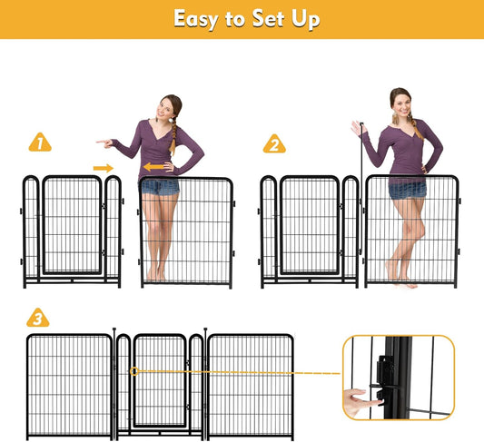 Dog Playpen 48 inch(H) 8 Panels Total 17.7 Ft(L) Dog Fence Outdoor for Yard. Wide Door Low Threshold,Metal Dog Pen Heavy Duty Pet Puppy Exercise Pen for Rv Camping Garden Yard