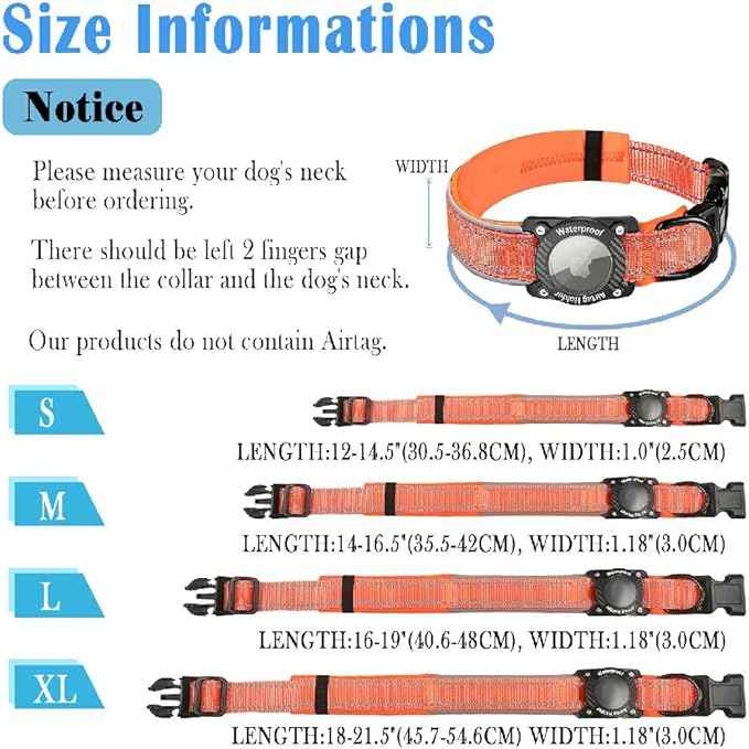 Upgraded AirTag Dog Collar, IP68 Waterproof Dog Collar with Apple Air Tag Holder, Reflective Adjustable Heavy Duty Dog Collars with Soft Padded for Small, Medium and Large Dogs,Orange, L