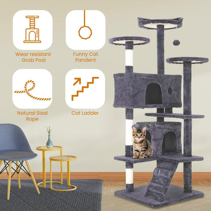 54.7 inches Cat Tower for Indoor Cats Multi-Level Cat Condos for Cat Tree Cat Climbing Tower with Scratching Posts, Hanging Toys,Ashy