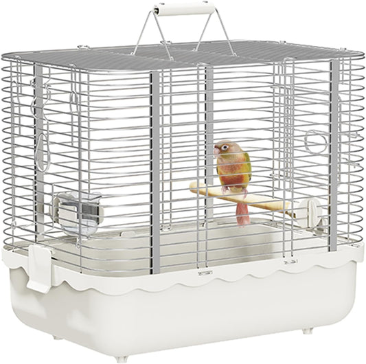 Bird Carrier Travel Cage, Durable Portable Stainless Steel Birdcage with Bird Perch & Feeding Bowl for Parrots Canaries Budgies Lovebirds Conures Cockatiels (Large White)