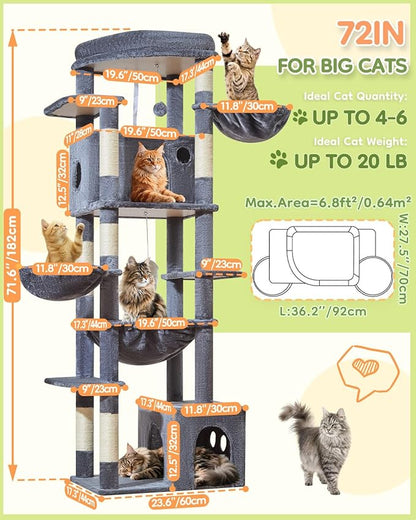 Taoqimiao 72 Inch Cat Tree, XXL Cat Tower for Indoor Cats Large Adult 25Lbs+, Extra-Large Platform, 2 Cat Houses, 7 Scratching Post, Extra-Sized Durable Hammock, Cozy Basket, Smoky Gray, F20G