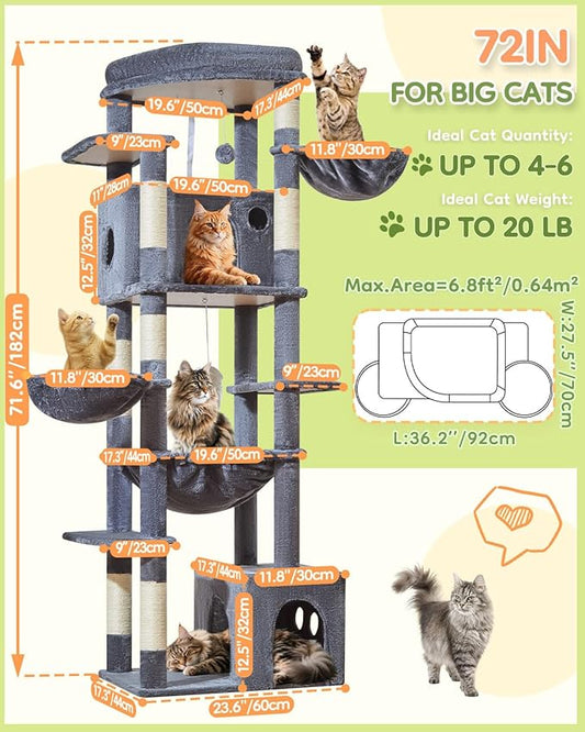 Taoqimiao 72 Inch Cat Tree, XXL Cat Tower for Indoor Cats Large Adult 25Lbs+, Extra-Large Platform, 2 Cat Houses, 7 Scratching Post, Extra-Sized Durable Hammock, Cozy Basket, Smoky Gray, F20G