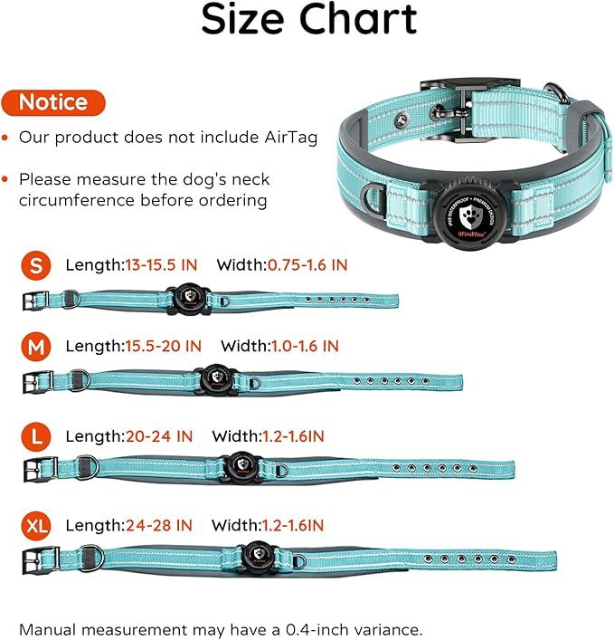 Upgraded AirTag Dog Collar with Holder, Waterproof Reflective Air Tag Dog Collar with Widened Comfortable Padding & Ultra-Durable Metal Buckle, Adjustable for Medium Dogs (M, Cyan)