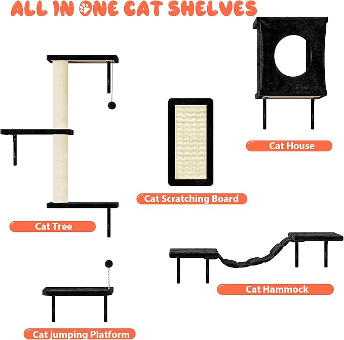 NUNU LAB Wall Mounted Cat Wall Shelves, 10-in-1 Cat Wall Climber with Kitten House, Bridge, Steps, Scratcher, Indoor Space-Saving Furniture for Kittens Play, Black