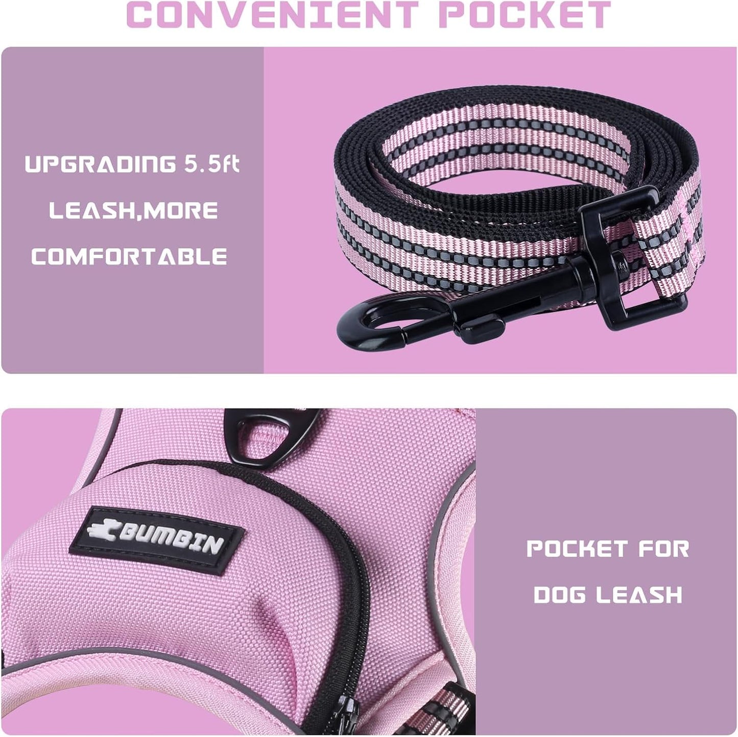 BUMBIN Dog Harness for Large Dogs, No Pull Adjustable No Choke Pet Vest with Dog Leash Fit Smart Reflective Pet Walking Harness for Training Easy Control Soft Handle Pink L