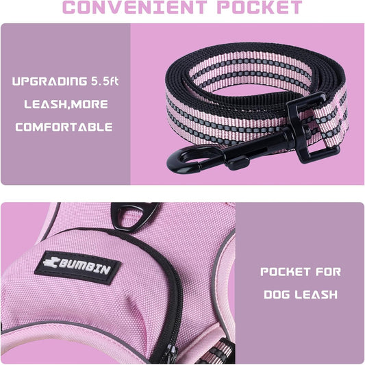 BUMBIN Dog Harness for Large Dogs, No Pull Adjustable No Choke Pet Vest with Dog Leash Fit Smart Reflective Pet Walking Harness for Training Easy Control Soft Handle Pink XL