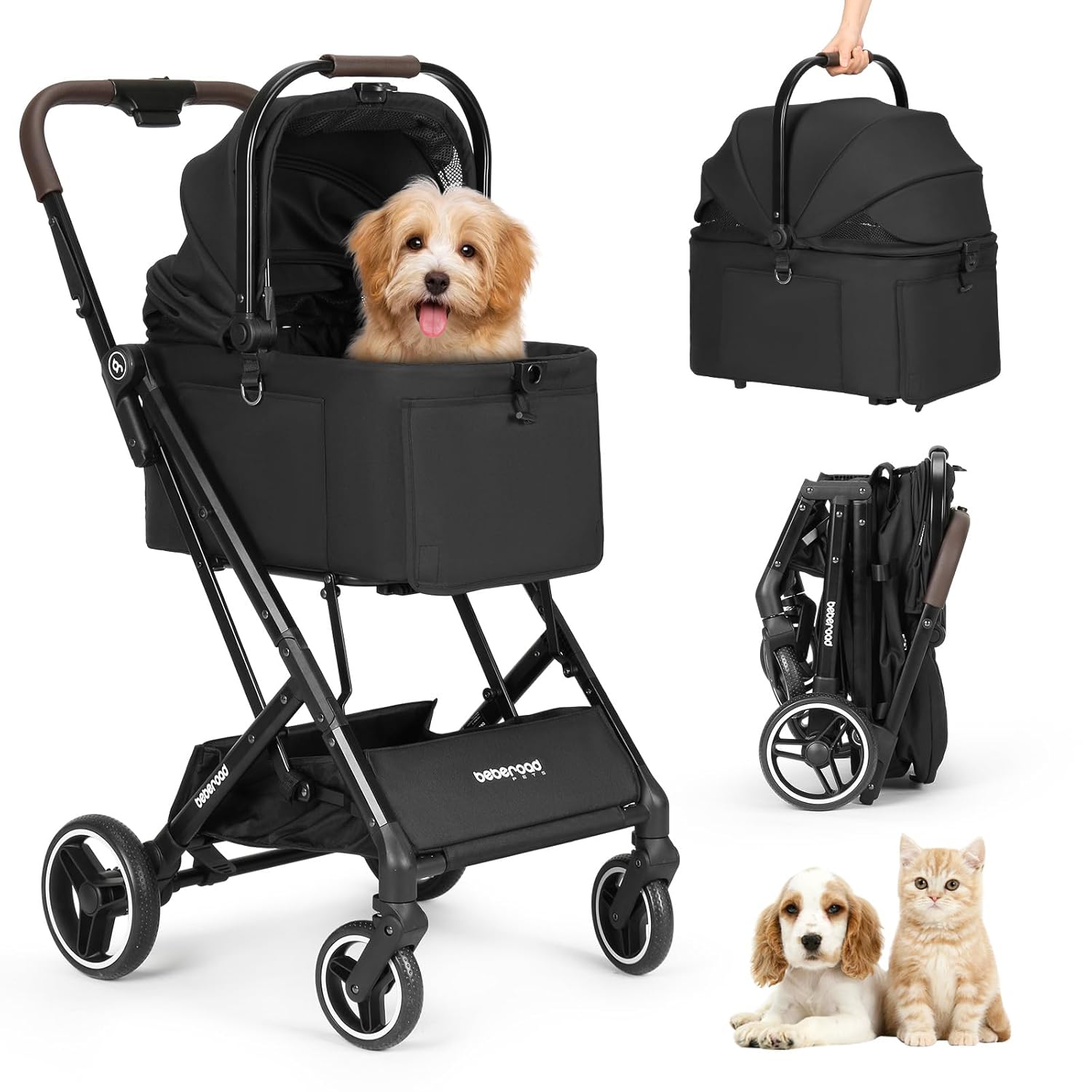 X2 Pet Stroller, Dog Cat Stroller for Small Pets Under 44lbs, Equipped with Detachable & Foldable Carrier, Waterproof Pad & Sunshade Canopy,Camel (Black) - Pawvie