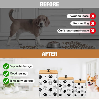 3 Pack Airtight Dog Food Containers with Bamboo Lids, Metal Dog Treat Jars Canisters for Kibble, Biscuits, Snacks, Cookies, Pet Food Storage Set for Kitchen Counter(White)