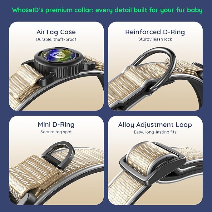 WhoseID Premium Dog Collar for Large Dogs - IPX8 Waterproof AirTag Dog Collar | Magnetic Buckle Heavy Duty Collar | 450LB Escape-Proof | Reflective Dog Collar with AirTag Holder