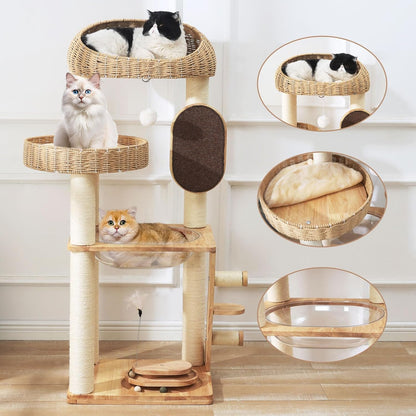 Solid Wood Cat Tree, 50 Inch Modern Cat Tower with Space Capsule, Hand-Woven Basket Nest, Sisal Posts & Scratching Board, Heavy-Duty Multi-Level Indoor Tower