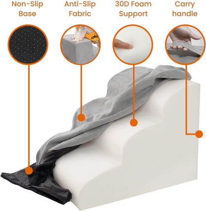MEWANG Dog Stairs for Small & Medium Dogs and Old Cats –3/4/ 5 Steps High-Density Foam Pet Ramp for Bed & Couch, Non-Slip, Washable Cover, Grey (Round Corner, 4 Steps: 23.94''×18.27''×14.96'', 2)