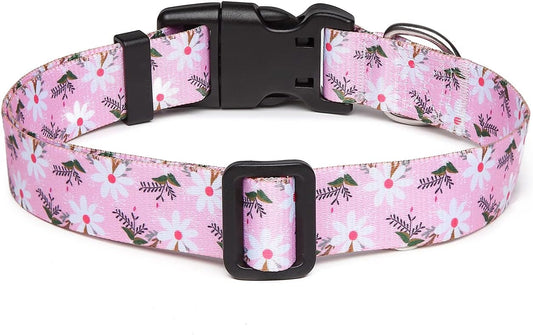 Mercano Adjustable Dog Collar - Special Design Patterns, Soft Nylon Comfortable Durable Pet Collar for Small Medium Large Dogs (L, Pink White Flower)