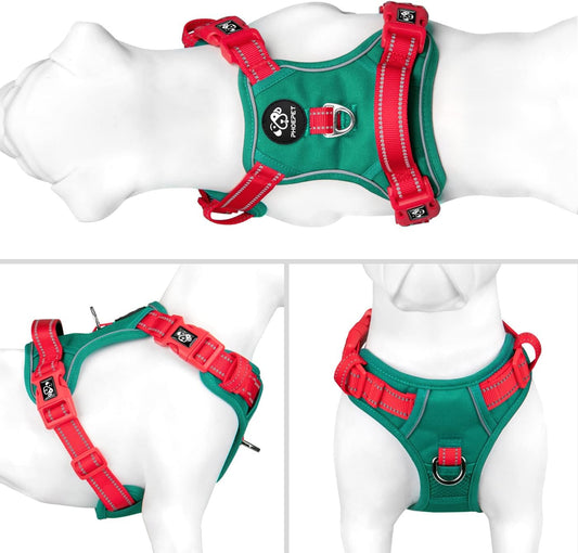 PHOEPET No Pull Dog Harness, Unique Colors Reflective Adjustable Dog Vest, with Soft Training Handle Metal Clips for Small Medium Large Dogs (Dark Green Base & Red Straps,L)