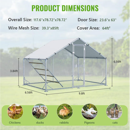 Large Metal Chicken Coop, 10x6.5x6.5FT Chicken Runs for Yard with Cover,