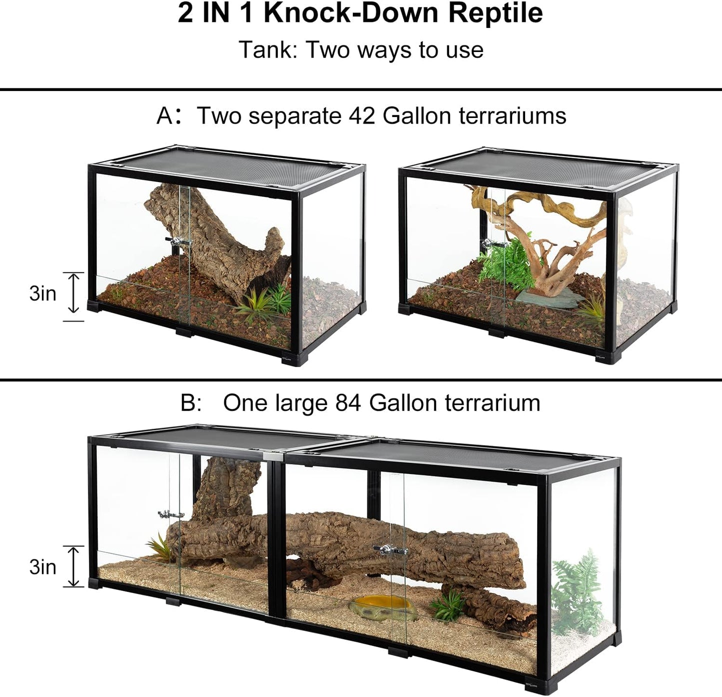 REPTIZOO 84 Gallon Large Reptile Terrarium Extra-Long 60" x 18" x 18" Spliceable Glass Reptile Tank, Double Top Cover Enclosure Habitats - Pawvie
