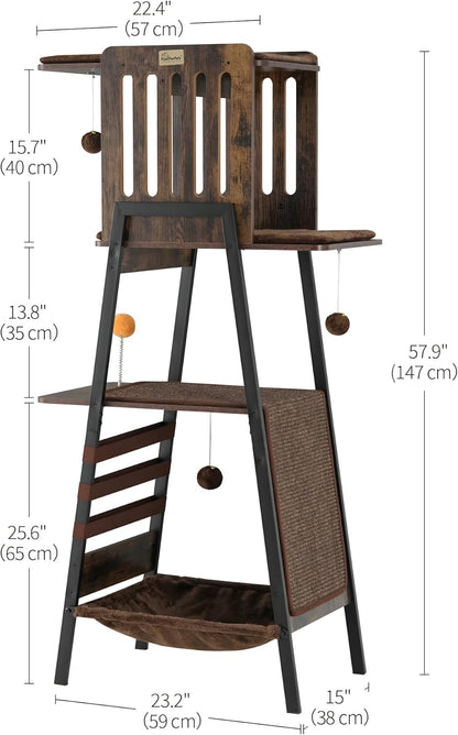 FourFurPets Modern Cat Tree, 58-Inch Cat Tower for Large Cats, Maine Coon Cat Tree with Scratching Board, Large Perch, Hammock and Removable Pads, Rustic Brown