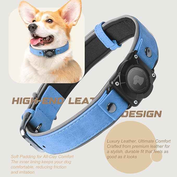 Leather AirTag Dog Collar, Waterproof Dog Collar with Air Tag Holder, Compatible with Apple Air Tag, Reflective, Durable, Comfortable Padded GPS Dogs Collars (Blue, XL)