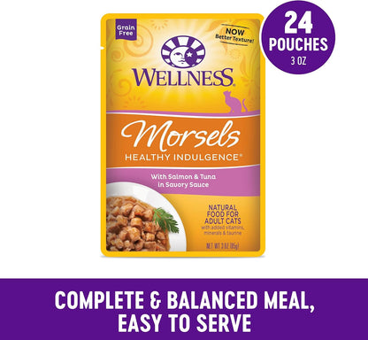 Wellness Healthly Indulgence Morsels Adult Wet Cat Food, Natural, Protein-Rich, Grain Free, 3 Ounce Pouch, 24 Pack, (Salmon & Tuna)
