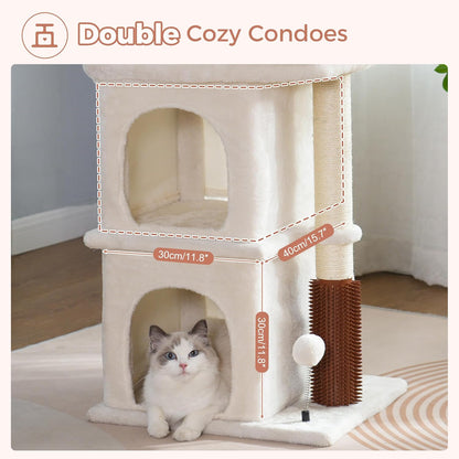Cat Tree with Large Top Bed 17.7x15.7” Small Cat Tower with Dual Condos,28” Fully Scratching Post and Self Groomer for Indoor Cats-Beige