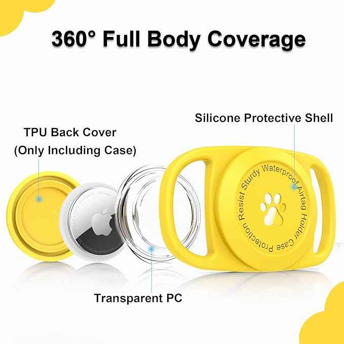 Airtag Dog Collar Holder, [1 Pack] Waterproof Protective Case for Apple AirTag, Durable & Lightweight with Full-Body Protection, Soft Silicone, Yellow