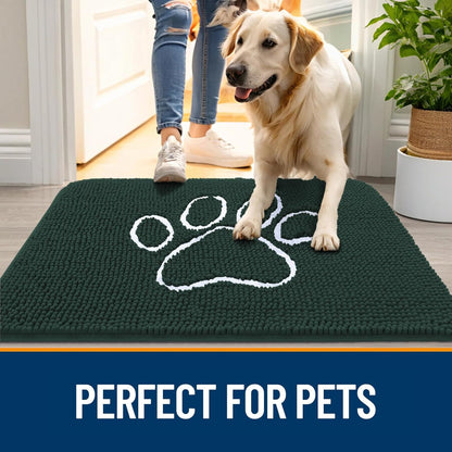 OLANLY Door Mat for Muddy Dog Paws 30x20, Absorbent Chenille Mud Doormat with Paw Print Design, Non-Slip Washable Doormat for Indoor Entryway, Quick-Dry Pet Bed Mats for Dirty Dogs, Blackish Green