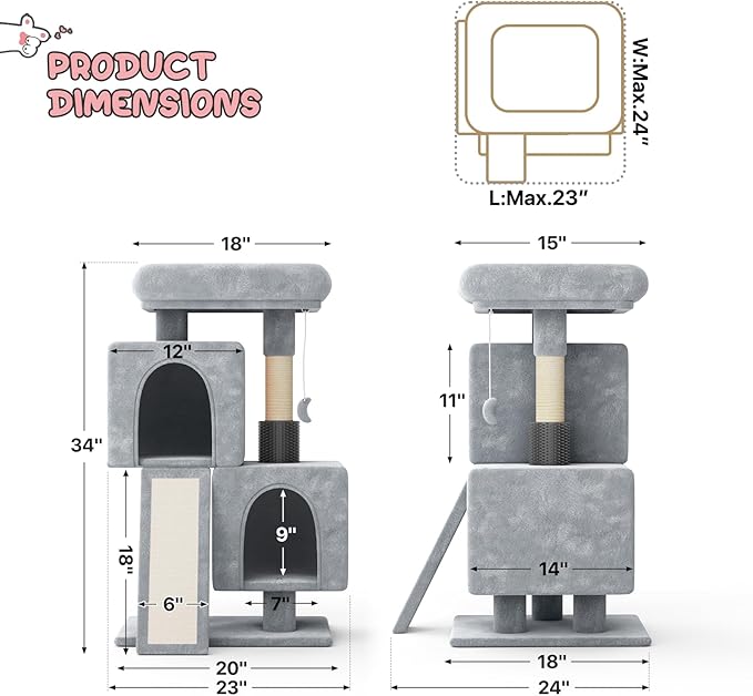 MoNiBloom Cat Tree Tower, 34 Inch Cat Tower with 2 Condos, Scratching Post & Sisal-Covered Scratching Board, Small Cat Climbing Tower, Pet Play House for Indoor Cats, Light Grey