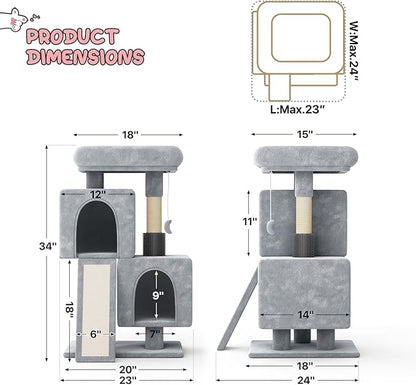 MoNiBloom Cat Tree Tower, 34 Inch Cat Tower with 2 Condos, Scratching Post & Sisal-Covered Scratching Board, Small Cat Climbing Tower, Pet Play House for Indoor Cats, Light Grey