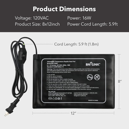 BN-LINK Reptile Heating Pad 8" X 12" with Adjust Knob, Adjustable Temperature Electric Indoor Under Tank Terrarium Heating Mat Waterproof for Turtles, Lizards, Frogs, and Other Reptiles