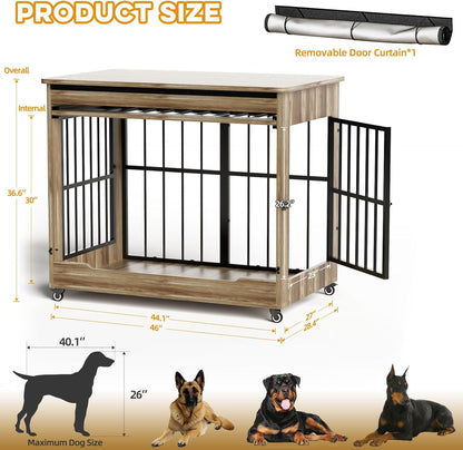 46" Large Dog Crate Furniture, Double Door Wooden Indoor Dog Kennel Furniture, Decorative Pet Cage End Table with Wheels for Extra Large Breed Dogs, Size 2XL, Rustic Brown