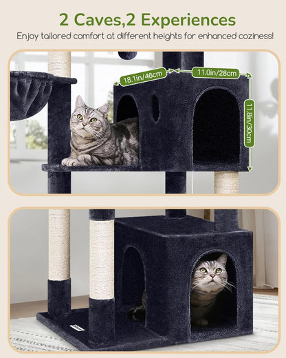 Globlazer Heavy Duty Cat Tree Tower, 73in Tall Cat Tree for Indoor Cats Large Adult, Cat Condo for Large Cats with 5 Scratching Posts, 2 Cat Caves, 2 Padded Perches, 2 Hanging Baskets, F73, Dark Gray