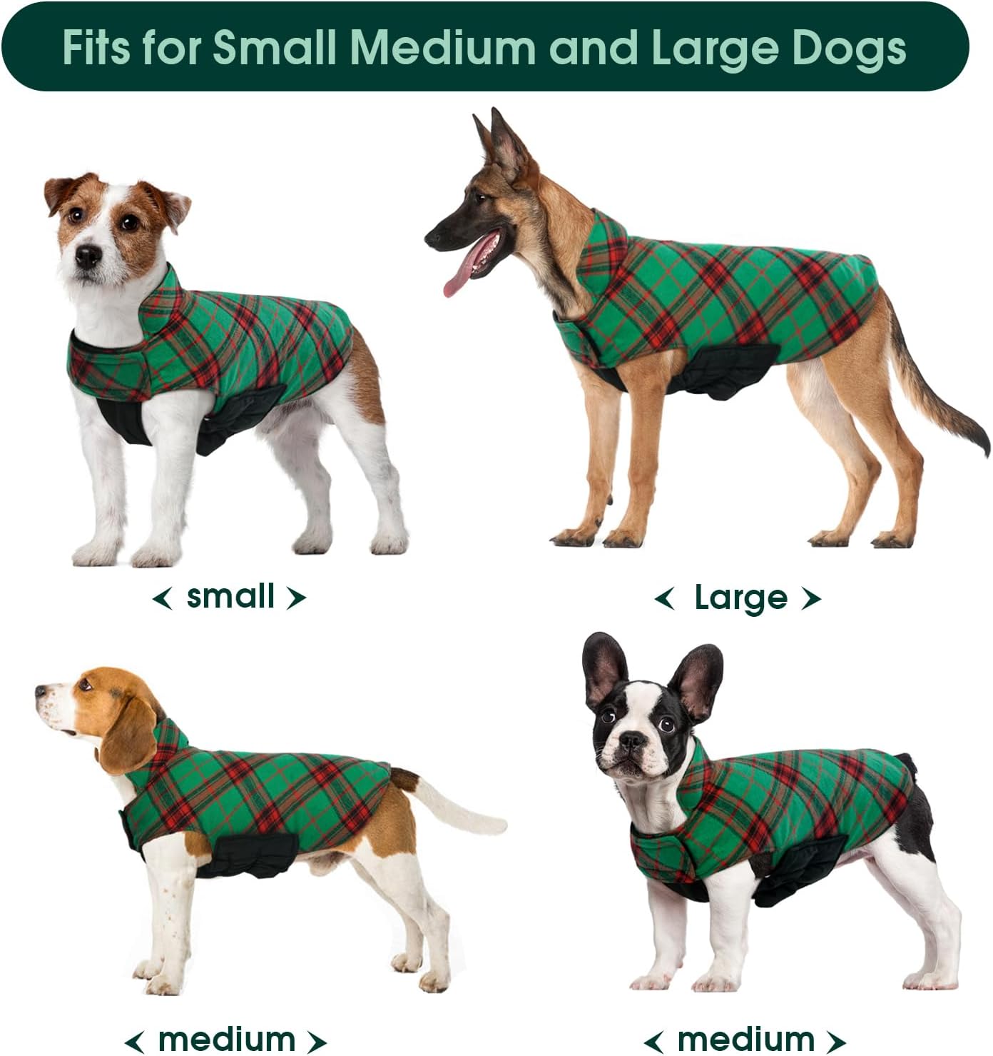 Kuoser Waterproof Dog Coat, Reversible Dog Jacket for Small Dogs, Adjustable Durable Doggie Winter Coat Warm Cozy Puppy Cold Weather Apparel from Small to Large Breed, Christmas Green S