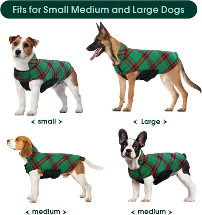 Kuoser Waterproof Dog Coat, Reversible Dog Jacket for Large Dogs, Adjustable Durable Doggie Winter Coat for Groowing Puppies Warm Puppy Cold Weather Apparel, Christmas Green L