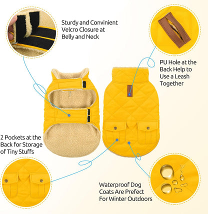 Queenmore Dog Winter Coat Warm Puffer Jacket Waterproof Plush Lining Thermal Cold Weather Vest for Small Medium Large Dogs, Windproof Easy On Pet Jacket Yellow XS
