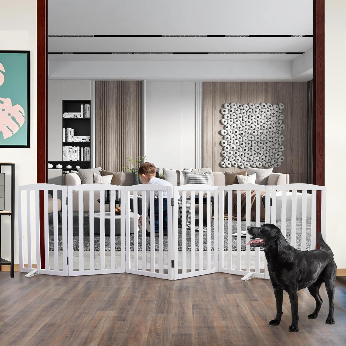 ZJSF Foldable Freestanding Indoor Dog Gate for House Wood White Long Pet Gates Dog Fence for Stairs Puppy Gates for Hallways,Pet Fence, Puppy Gate,Support Feet Included 32 "Height-6 Panels